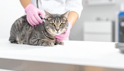A vet examines a tabby cat with a stethoscope while the cat lies calmly on an examination