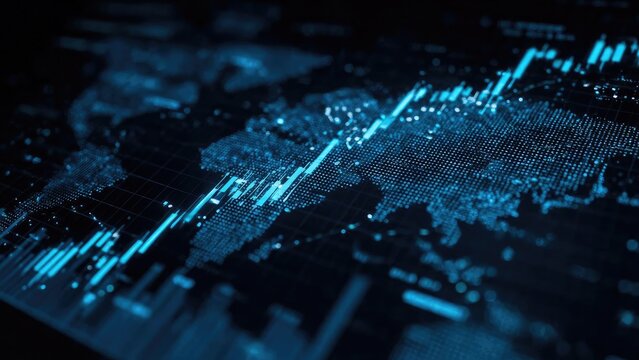Blue digital data visualization with a rising stock-chart line over a dotted world map. Concept Blue data visualization, Rising stock-chart line, Dotted world map, Technology infographic