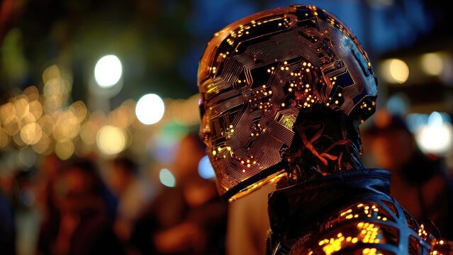 A humanoid robot with illuminated circuit patterns on its metallic helmet, standing amid a blurry night crowd. Concept Futuristic street portrait, Neon circuit helmet, Night crowd bokeh