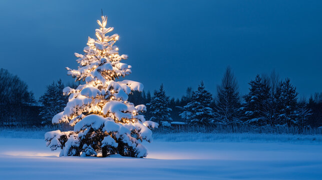 Christmas tree in forest. Christmas tree in snow covered pine woods at night - Powered by Adobe