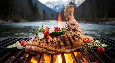 Appetizing grilled chicken with fresh vegetables over campfire in nature.