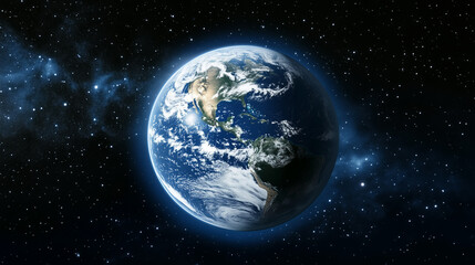 Fototapeta premium Planet Earth with detailed relief and atmosphere. Blue space background with earth and galaxy.