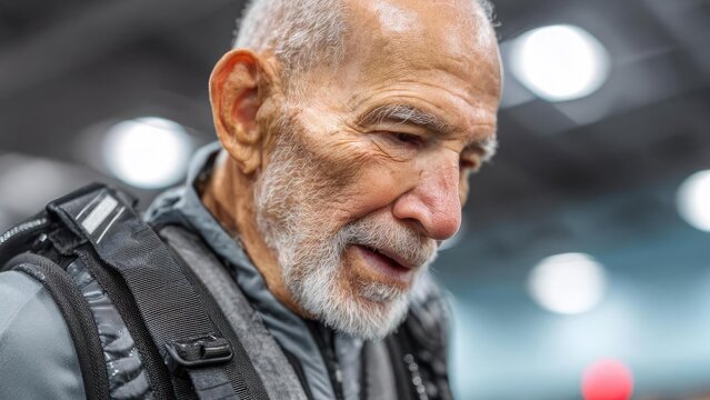 An elderly man with a gray beard and short hair wearing a backpack, looking down pensively in a blurred indoor setting. Concept Elderly man with gray beard, Contemplative mood, Backpacker indoors