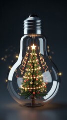 Creative Christmas Tree Inside Light Bulb with Bright Lights Photo