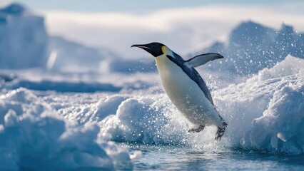 Fototapeta premium Emperor penguin leaping from icy water onto a snow-covered ice floe, spray flying as it lands. Concept Emperor penguin, Icy water leap, Snow-covered ice floe, Spray splash, Wildlife action shot