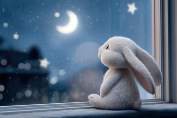 Lonely Bunny Looking at the Moon by Window