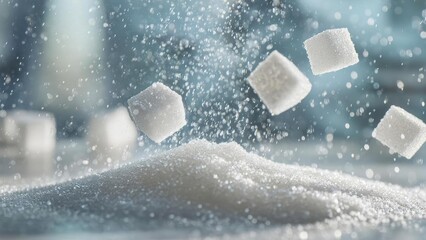 White sugar cubes floating mid-air above a mound of granulated sugar, with sparkling crystals scattering in the air. Concept Floating sugar cubes above a mound of granulated sugar