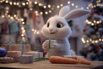 Cute Winter Bunny Opening a Gift