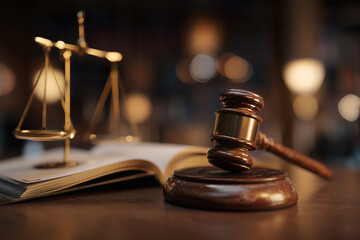 Judge&rsquo;s Gavel and Scales of Justice in Courtroom
