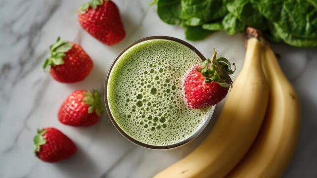 Green smoothie in a glass with a strawberry garnish, surrounded by strawberries, bananas and leafy greens. Concept Green Smoothie, Strawberry Garnish, Fresh Strawberries, Bananas, Leafy Greens