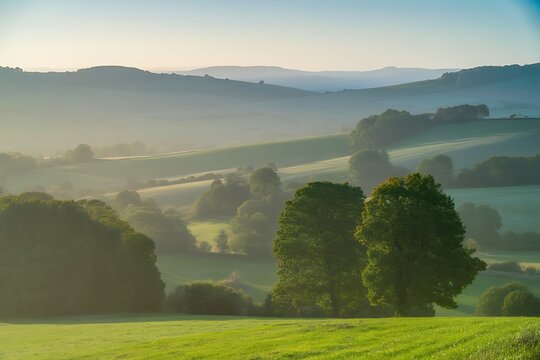 Rolling hills and lush green fields in the morning sunlight