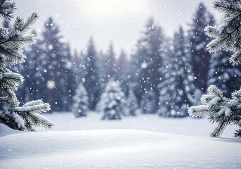 Fototapeta premium Seasonal Decor Aesthetics for Holiday Themes: Snowy Winter Landscape with Copy Space and Blurry Forest Background