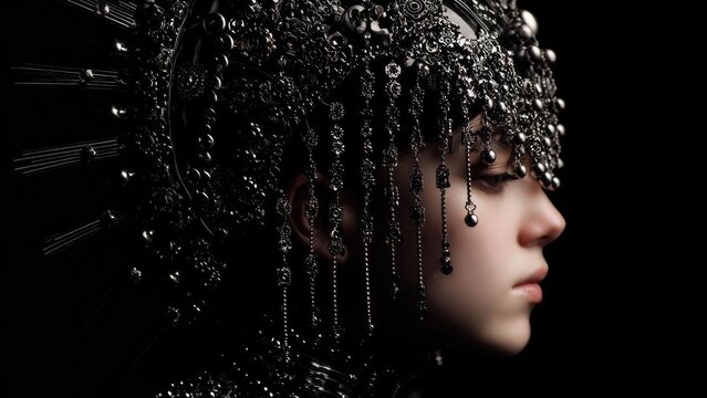 A woman wearing a dramatic black bejeweled headdress with dangling chains, seen in profile against a dark background. Concept Dramatic black bejeweled headdress