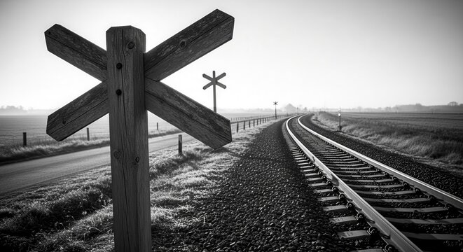 Railway Tracks in Black and White Leading to An Undetermined Destination