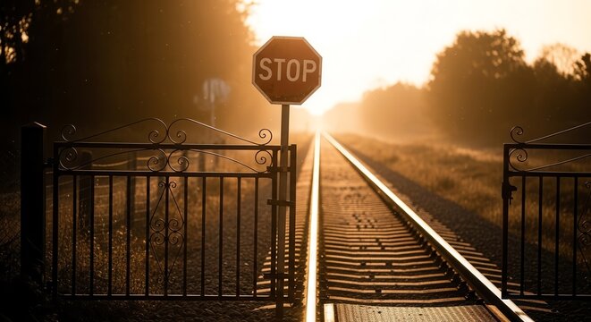 Railway Track Stop Sign With Gate On A Misty Morning Sunlight Scenery