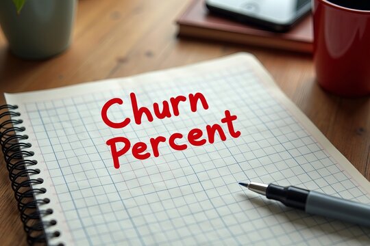 Vintage desk with checkered notepad displaying Churn Percent in red marker