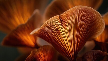 Macro shot of orange mushrooms with ribbed gills glowing in warm light. Concept Macro photography of orange mushrooms ribbed gills warm glow