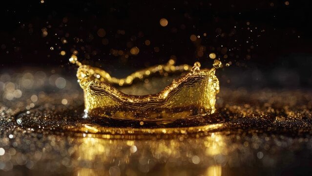 A crown-shaped splash of gold liquid on a shiny, reflective surface. Concept Golden crown splash, Liquid gold on reflective surface, Crown-shaped splash photography, Metallic gold art