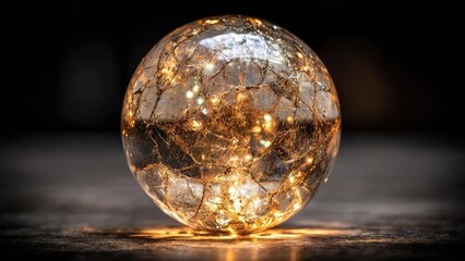 A clear glass sphere filled with warm fairy lights glowing inside. Concept Glass sphere with warm fairy lights, Orb lighting, Warm ambient glow, Macro close-up, Bokeh inside orb