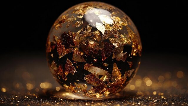A glass orb filled with gold foil flakes, gleaming against a dark, blurred golden backdrop. Concept Glass orb with gold foil flakes, Golden bokeh against dark backdrop