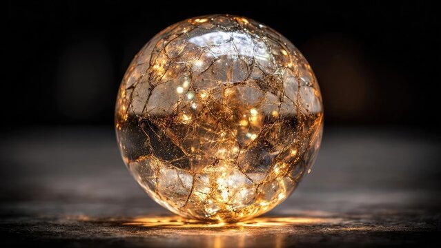 A clear glass sphere filled with warm fairy lights glowing inside. Concept Glass sphere with warm fairy lights, Orb lighting, Warm ambient glow, Macro close-up, Bokeh inside orb - Powered by Adobe