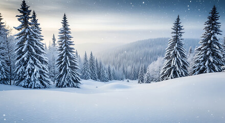 Obraz premium Seasonal Decor Aesthetics for Holiday Themes: Snowy Winter Landscape with Copy Space and Blurry Forest Background