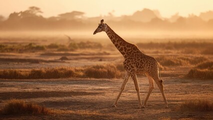 A giraffe walking across a sunlit savannah at sunset. Concept Giraffe, Sunset Savannah, Wildlife Photography, Golden Hour, Silhouette