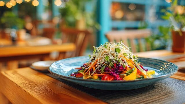 A colorful vegetable salad piled high on a blue plate, topped with sprouts in a sunny restaurant setting. Concept Colorful vegetable salad, Sprouts topping, Blue plate presentation