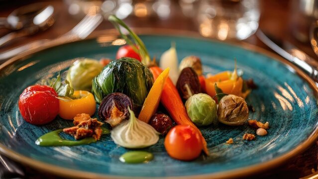 Colorful assortment of roasted vegetables on a turquoise plate: Brussels sprouts, cherry tomatoes, carrots, peppers and onions. Concept Colorful Roasted Vegetables, Turquoise Plate, Veggie Medley - Powered by Adobe