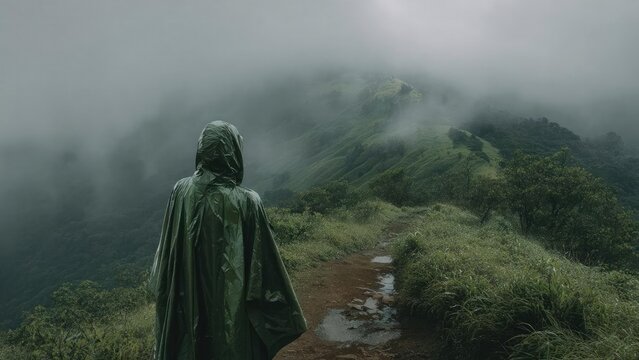 Person in a green rain poncho standing on a misty mountain trail, surrounded by foggy green hills. Concept Misty mountain portrait, Green poncho on trail, Foggy green hills