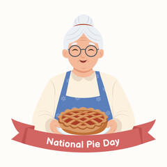 National Pie Day.Granny Holding a homemade pie. Funny senior lady cooking a hot homemade meal. Vector Illustration