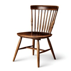 Antique wooden windsor chair with a spindle back and round seat on a white background