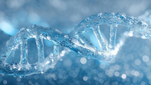 A blue ice DNA double helix, shimmering against a frosty, bokeh background. Concept Blue Ice DNA, DNA Double Helix, Frosty Bokeh, Science Art Photography, Crystal Ice Aesthetics