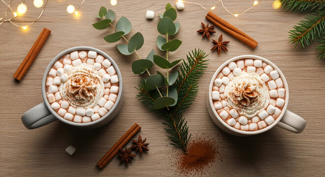 Cozy hot chocolate with marshmallows and cinnamon perfect for winter holidays