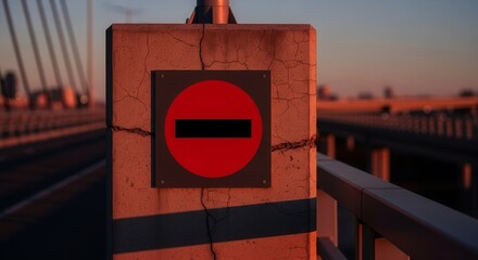 Prohibition Sign On Concrete Pillar At Sunset Symbolizing Forbidden Access Restrictions