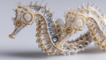 Intricately beaded seahorse sculptures in white and gold. Concept Beaded Seahorse Sculptures, White and Gold Art, Intricate Coastal Decor, Handcrafted Seaside Figurines