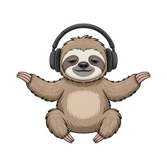 Naklejka premium Cartoon Sloth Wearing Headphones and Meditating