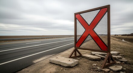Red Warning Sign Beside The Highway Depicting Closed Route In Gloomy Environment
