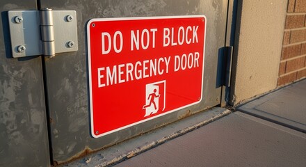 Red Warning Sign Alerting About the Emergency Door and Safety Regulations