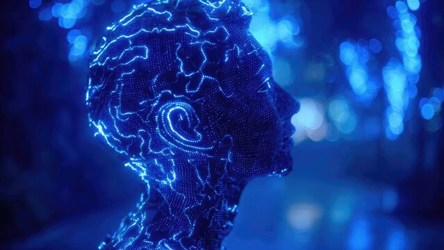 Side profile of a human head made from glowing blue dots and lines, like a digital hologram. Concept Side-profile head portrait, Glowing blue dot matrix, Digital hologram style