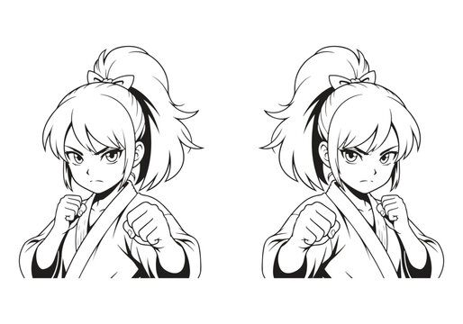 Two angry anime girl fighter pose in martial art uniform isolated on