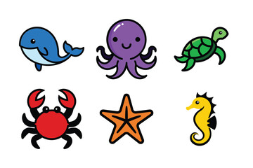 Cute Cartoon Sea Animals Vector Bundle