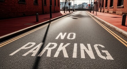 Prohibition Sign On Road With Buildings and Sidewalks Showing No Parking Rule Clearly