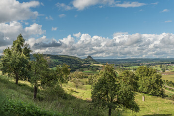 Panoramic view of the Hegau region with extinct volcanic cone Hohenkraehen, Singen, Baden-Wuerttemberg, Germany