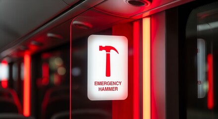 Red Emergency Hammer Sign Inside Public Transport Vehicle for Safety Purposes