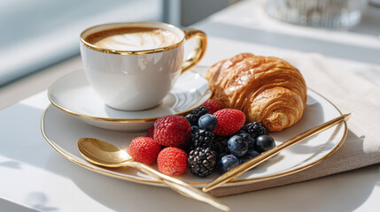 Elegant breakfast with croissant and berries