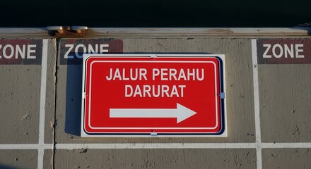 Red Emergency Boat Route Sign With Arrow Indicating Direction And Zone Markings