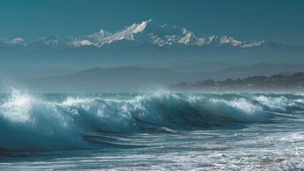 Ocean waves crash along the shore, with a distant range of snowcapped mountains rising on the horizon. Concept Ocean Waves, Snowcapped Mountains, Coastal Landscape, Horizon View, Dramatic Sky