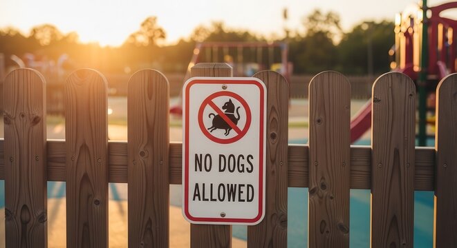 Prohibition Sign on Wooden Fence with Playground Backdrop during a Sunset