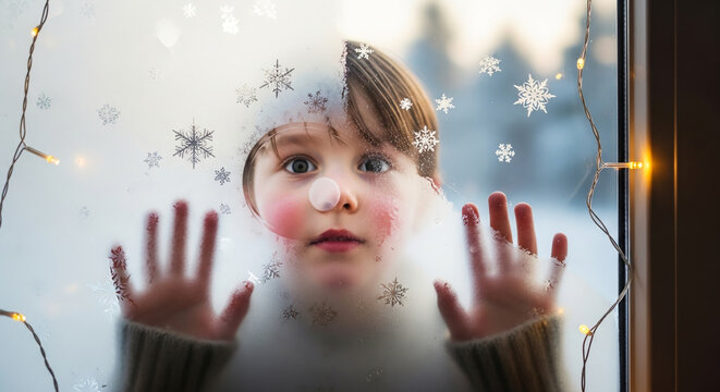 Charming child draws snowflakes on frosty window, dreaming of a winter wonderland